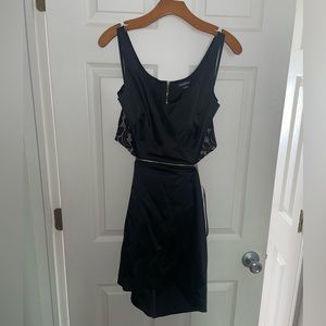 Bebe black satin dress with cut out and beige lace accents size 8